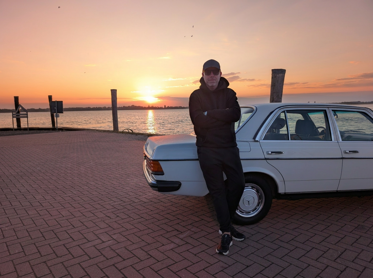 Weißer Mercedes am Wasser bei Sonnenuntergang an der Niederelbe